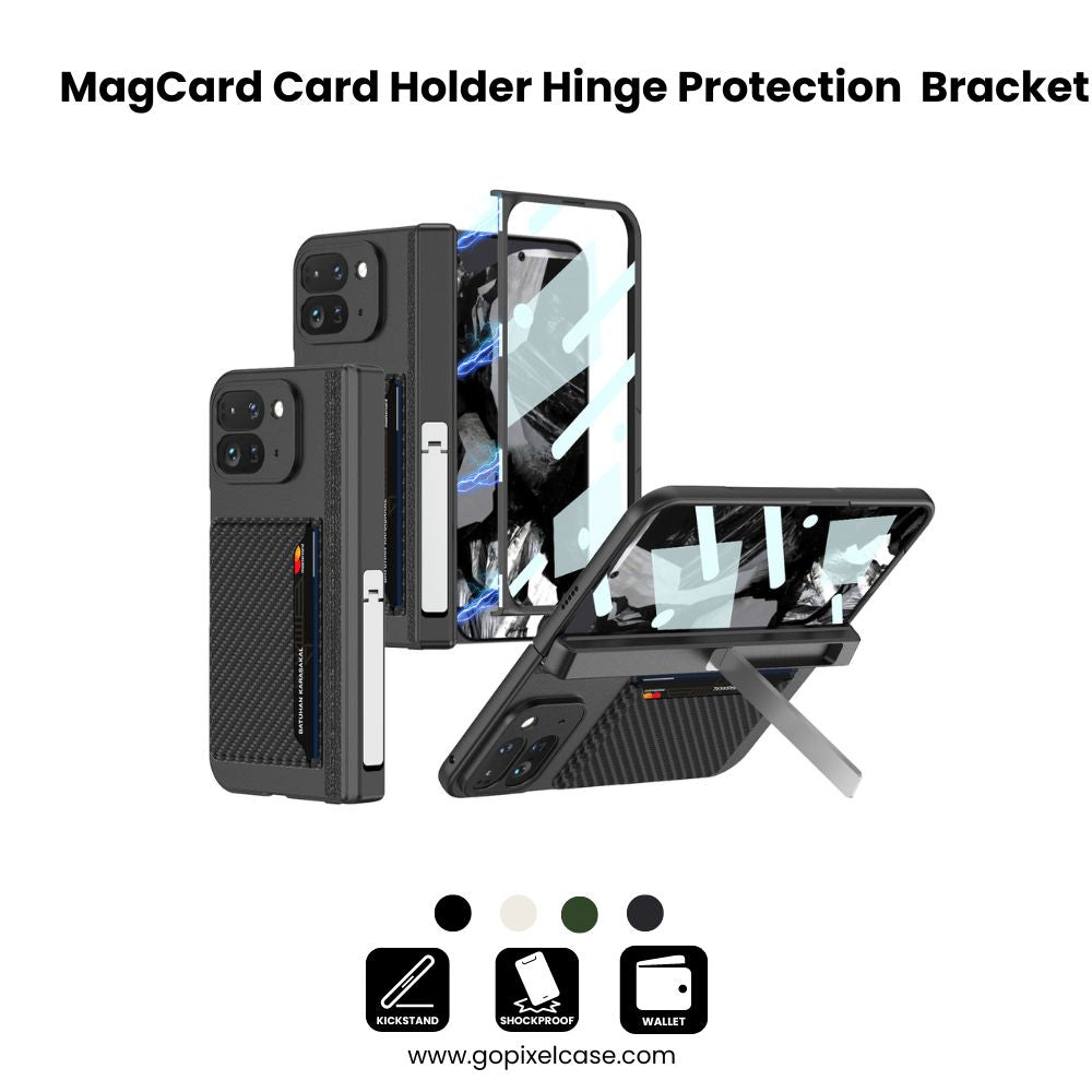 MagCard Leather Pixel 9 Pro Fold  Card Holder, Hinge Protection & Bracket Case