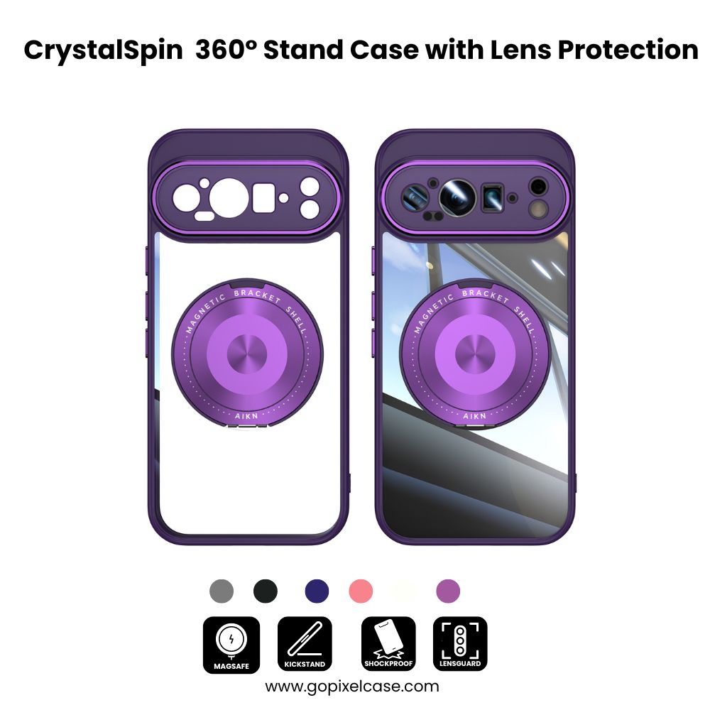 CrystalSpin Pixel 9 Pro XL, 9 Pro, 9 with 360° Stand Case with Lens Protection