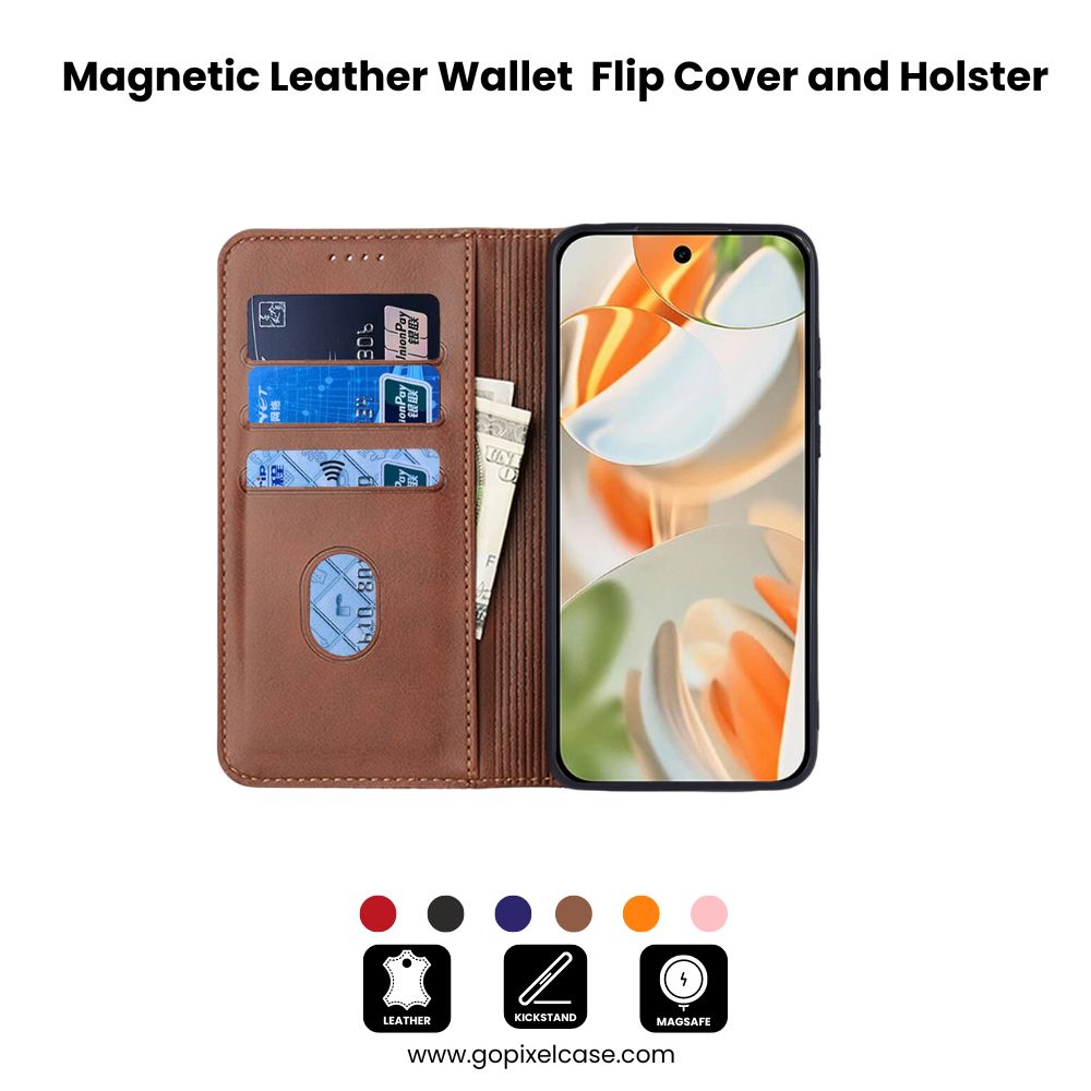 Magnetic Leather Wallet Case for Pixel 9 Pro, 9 with Flip Cover and Holster