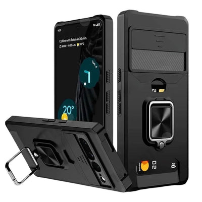 Black PixelGuard Google Pixel 9 Pro, Pixel Pro XL, Pixel 9 Sliding Camera Cover & Card Holder with Magnetic Kickstand Ring