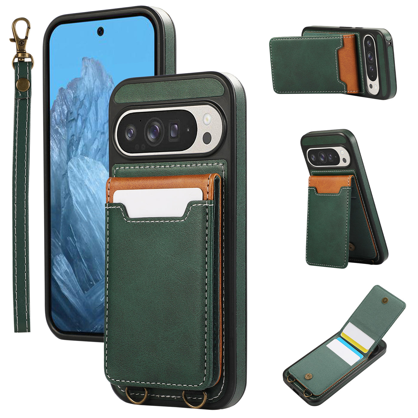 SnapWallet Pixel 9, 8 Leather Card Holder Case with Kickstand & Lanyard